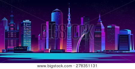 Vector Modern Megapolis At Night. Purple Glowing Buildings In Cartoon Style. Urban Skyscrapers In Ne