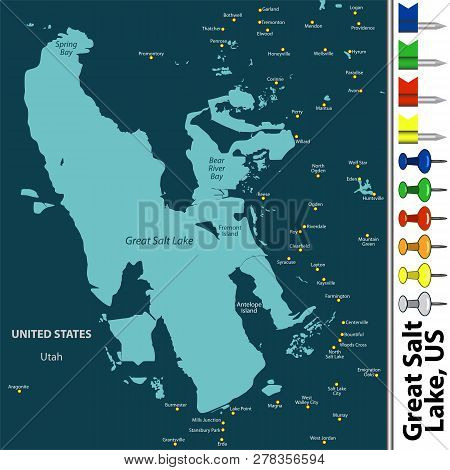 Vector Map Of Great Salt Lake In Utah State, United States With Big Cities And Icons