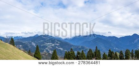 Panorama Nature Landscape Background Of Mountain View Under White Cloud And Blue Sky From Cingjing F