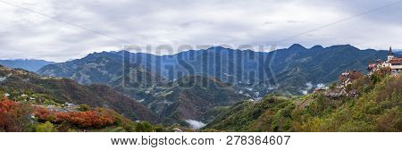Panorama Nature Landscape Background Of Mountain View With Red And Green Leafs From Cingjing Farm, N