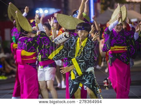 Tokyo - Aug 26 : Participants In The Awa Odori Festival In Tokyo, Japan On August 26 2018. Awa Odori
