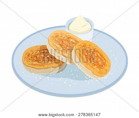 Tasty Pancakes, Oladyi Or Syrniki Lying On Plate With Sour Cream Isolated On White Background. Appet