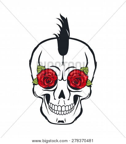 Skull Icon With Roses And Leaves Colorful Poster, Vector Illustration Of Rock And Roll Emblem With B
