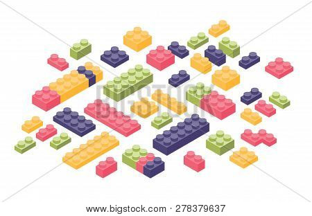 Bundle Of Isometric Colorful Constructor Details Or Parts Isolated On White Background. Plastic Inte