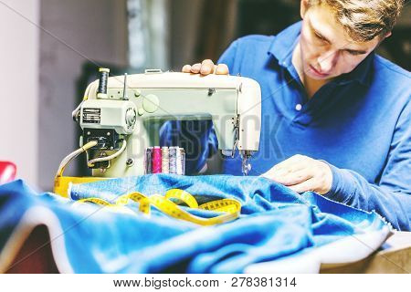 Sewing Denim Jeans With Sewing Machine. Repair Jeans By Sewing Machine. Alteration Jeans, Hemming A 