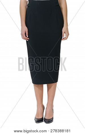 Woolen Formal Black Long Skirt With Belt Cut Close Up Photo On Model In Hith Heels Isolated On White