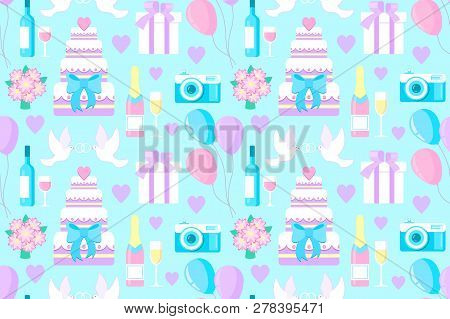 Vector Illustration Of Wedding Seamless Pattern With Diferent Elements