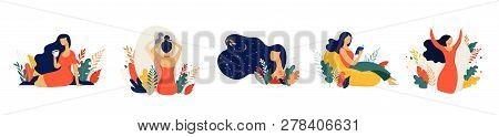 Feminine Concept Illustration, Beautiful Women In Different Situations. International Women S Day. F