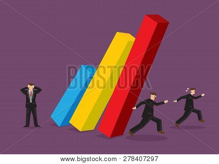 Panicky Business Professionals Running Away From Bar Chart Collapsing. Creative Cartoon Vector Illus