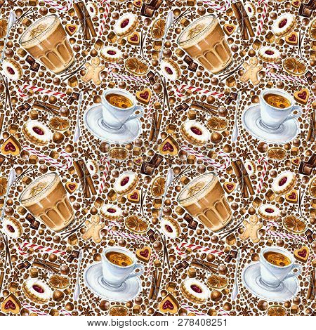 Seamless Pattern With Different Coffee Drinks And Sweets On White Background. Illustration Of Espres