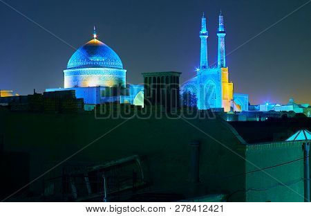 The Bright Blue Domes And Minarets Of Bogheh-ye Seyed Roknaddin Mausoleum And Jameh Mosque Dominate 