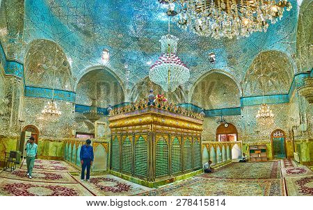Yazd, Iran - October 18, 2017: The Male And Female Prayer Halls Of Imam Zadeh Jafar Mausoleum Are Se