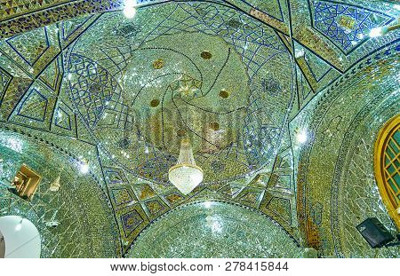 Yazd, Iran - October 18, 2017: The Intricate Islamic Patterns Of Mirror Pieces Cover The Dome Of Ima