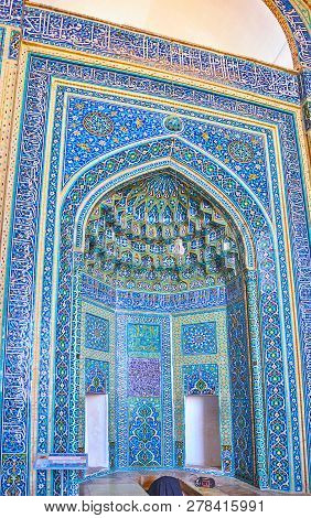 Yazd, Iran - October 18, 2017: The Faience Mihrab Of Jameh Mosque With Masterpiece Islamic Patterns,