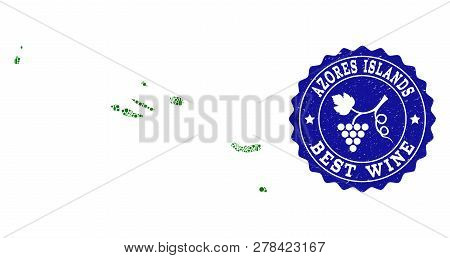 Vector Collage Of Wine Map Of Azores Islands And Best Grape Wine Grunge Seal Stamp. Map Of Azores Is