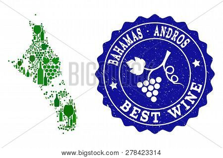 Vector Collage Of Wine Map Of Bahamas - Andros Island And Best Grape Wine Grunge Stamp. Map Of Baham