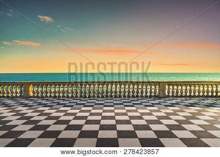 Mascagni Terrazza Terrace Belvedere Seafront At Sunset. Livorno Tuscany Italy Europe.