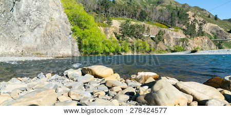 Clean Cool Rushing Fresh Water Of Waiau River And Stony River Bed At Hanmer Springs, New Zealand.