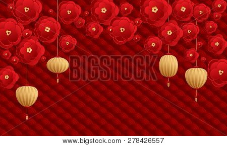 Hanging Lanterns And Paper Cut Flowers Chinese New Year Card Background Vector Design. Red And Gold 