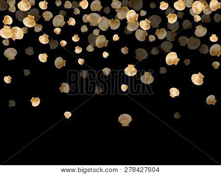 Gold Seashells Vector, Golden Pearl Bivalved Mollusks. Oceanic Scallop, Bivalve Pearl Shell, Marine 