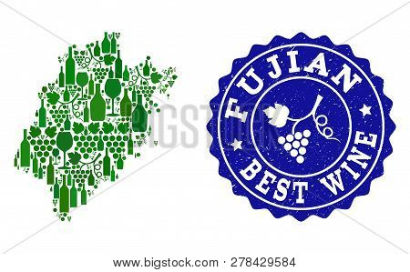 Vector Collage Of Wine Map Of Fujian Province And Best Grape Wine Grunge Seal Stamp. Map Of Fujian P