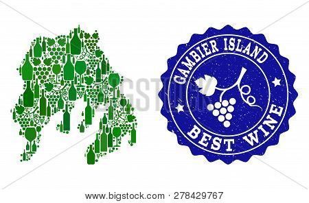 Vector Collage Of Wine Map Of Gambier Island And Best Grape Wine Grunge Seal. Map Of Gambier Island 