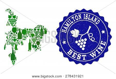 Vector Collage Of Wine Map Of Hamilton Island And Best Grape Wine Grunge Seal. Map Of Hamilton Islan