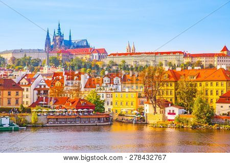 Vew of waterfront and Castle District (Hradcany) in Prague, Czech Republic