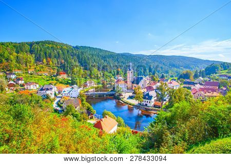 Rozmberk nad Vltavou - Picturesque old small town in Czechia. Landscape, panoramic view