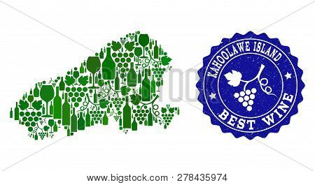 Vector Collage Of Wine Map Of Kahoolawe Island And Best Grape Wine Grunge Seal Stamp. Map Of Kahoola