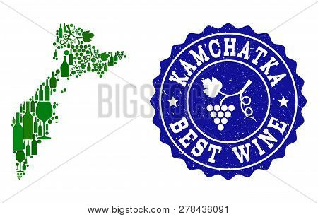 Vector Collage Of Wine Map Of Kamchatka Peninsula And Best Grape Wine Grunge Watermark. Map Of Kamch