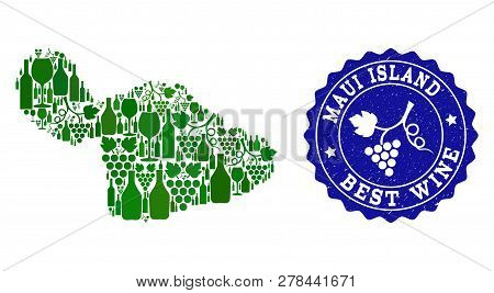 Vector Collage Of Wine Map Of Maui Island And Best Grape Wine Grunge Stamp. Map Of Maui Island Colla