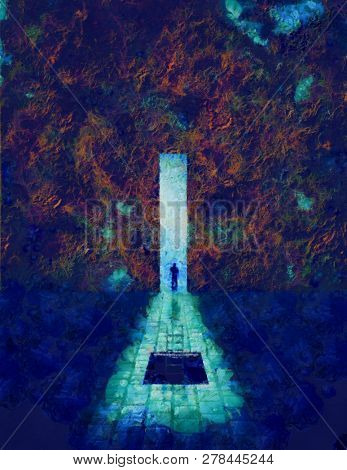 Man before great door. From darkness to light. Oil on canvas. 3D rendering