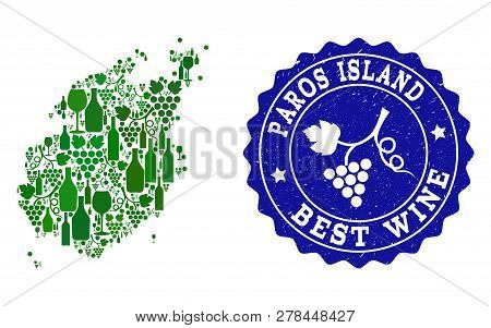 Vector Collage Of Wine Map Of Paros Island And Best Grape Wine Grunge Stamp. Map Of Paros Island Col