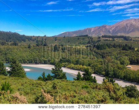 Picturesque Rakaia Gorge And Rakaia River On The South Island Of New Zealand