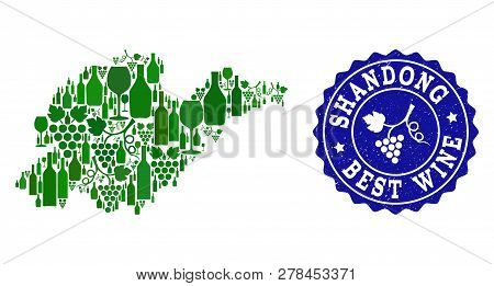 Vector Collage Of Wine Map Of Shandong Province And Best Grape Wine Grunge Seal Stamp. Map Of Shando
