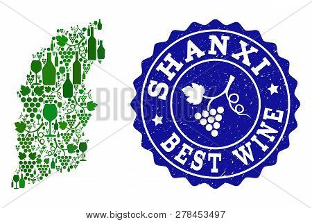Vector Collage Of Wine Map Of Shanxi Province And Best Grape Wine Grunge Seal Stamp. Map Of Shanxi P