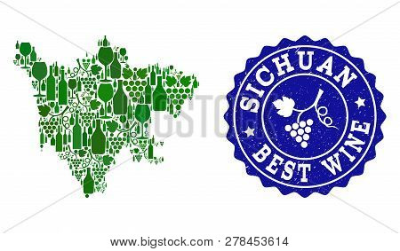 Vector Collage Of Wine Map Of Sichuan Province And Best Grape Wine Grunge Stamp. Map Of Sichuan Prov