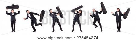 Man with violin case isolated on white