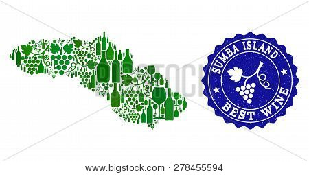 Vector Collage Of Wine Map Of Sumba Island And Best Grape Wine Grunge Watermark. Map Of Sumba Island
