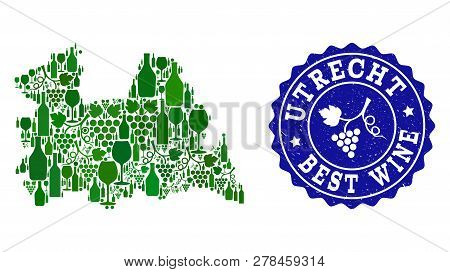 Vector Collage Of Wine Map Of Utrecht Province And Best Grape Wine Grunge Seal. Map Of Utrecht Provi