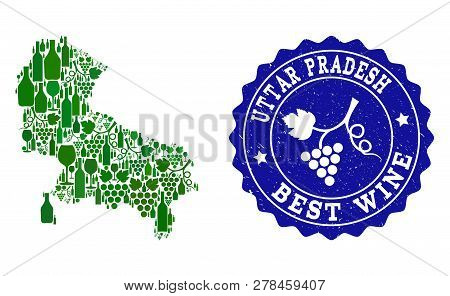 Vector Collage Of Wine Map Of Uttar Pradesh State And Best Grape Wine Grunge Seal. Map Of Uttar Prad