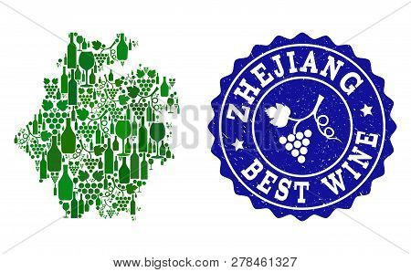 Vector Collage Of Wine Map Of Zhejiang Province And Best Grape Wine Grunge Seal. Map Of Zhejiang Pro