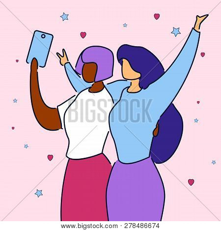 Modern Cartoon Flat Characters Express Emotions On Selfie Camera, Doing Self Photo On Party, Concert