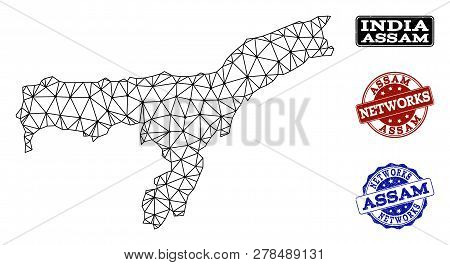 Black Mesh Vector Map Of Assam State Isolated On A White Background And Scratched Watermarks For Net