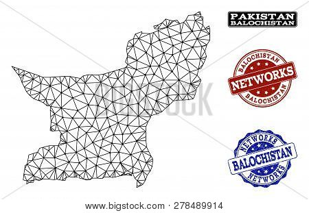 Black Mesh Vector Map Of Balochistan Province Isolated On A White Background And Scratched Watermark