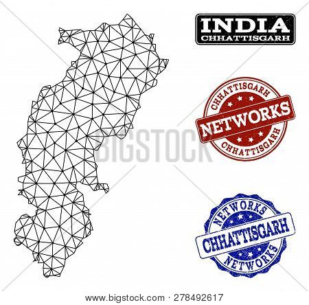 Black Mesh Vector Map Of Chhattisgarh State Isolated On A White Background And Rubber Watermarks For