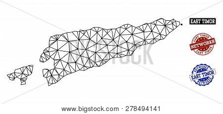 Black Mesh Vector Map Of East Timor Isolated On A White Background And Scratched Stamp Seals For Net