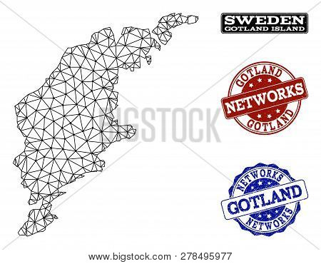 Black Mesh Vector Map Of Gotland Island Isolated On A White Background And Scratched Watermarks For 