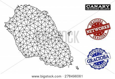 Black Mesh Vector Map Of Graciosa Island Isolated On A White Background And Scratched Watermarks For